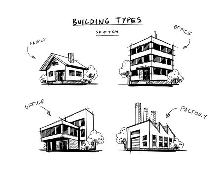 Set of Four Buildings Types Hand Drawn Cartoon Illustration