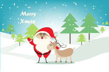 Christmas background with Christmas tree , Santa Claus  and deer  in snowy landscape.