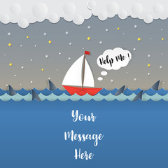 Business concept. Ships in need of assistance Being surrounded by a swarm of sharks.