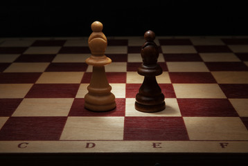 Wooden chess. Black and White Bishop on chess board.