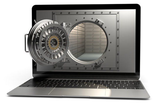 3d Notebook mit ge&ouml;ffnetem Tresor, hacker haben die Daten geklaut.