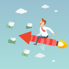 Businessman sitting on a red rocket and catches money. Money that was flying like a bird.