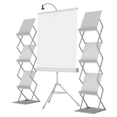 Blank Roll Up Expo Banner Stand on Tripod. Trade show booth white and blank. 3d render illustration isolated on white background. Template mockup for your expo design.