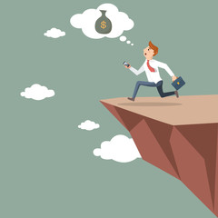 Businessman runs off a cliff in search of money. Business concept in vector illustration