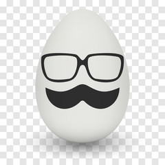 Chicken Egg hipster nerd glasses and stylish mustache with shadow on transparent background. Natural ecological product. Healthy food. Dietary product. Easter symbol. Vector illustration