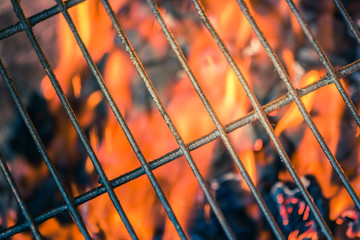 charcoal bbq flames and grid empty background