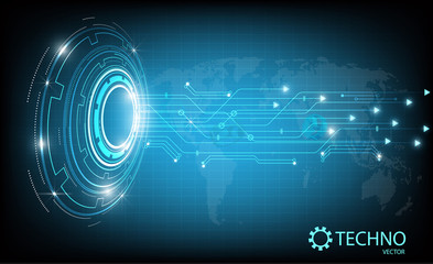 Fototapeta premium Abstract circle technology with earth map on blue background.vector illustration.