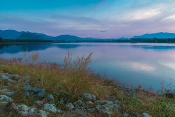 View of Mae Moei reservoir during twilight time of the day.