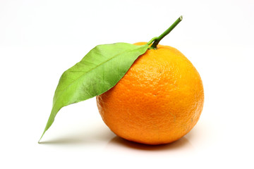 Mandarin, tangerine citrus fruit, with green leaf, isolated on white background.
