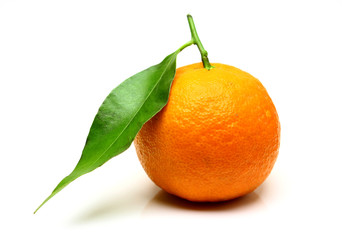 Mandarin, tangerine citrus fruit, with green leaf, isolated on white background.