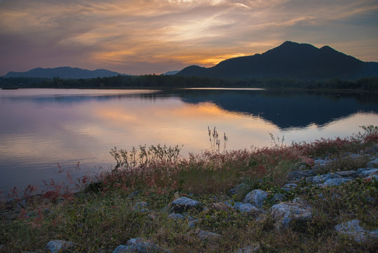 View of Mae Moei reservoir during twilight time of the day.