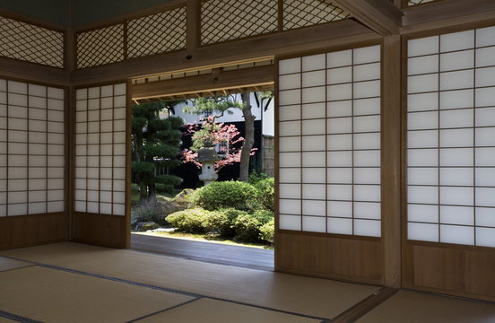 View of landscape garden at the Kyu Uchiyamake Samurai house in Echizen-Ono, Fukui, Japan