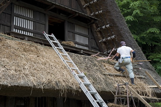 Village residence roof thatching at Nihon Minkaen (Open-air Folk House Museum) in Kawasaki, Japan