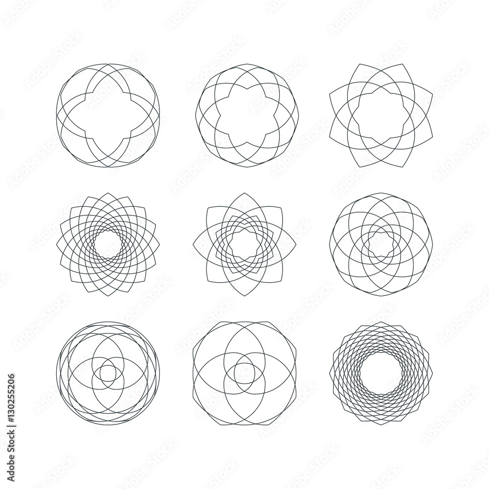 Poster set of outline isolated guilloche forms