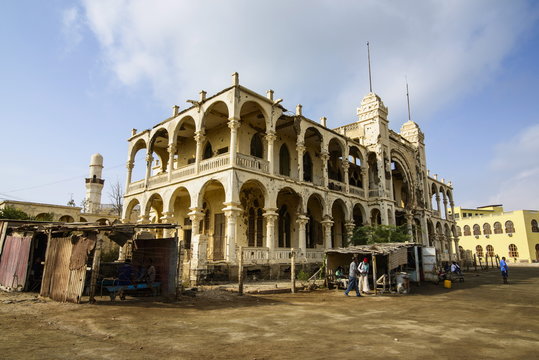 Destroyed former Banco d'Italia in the old port town of Massawa, Eritrea