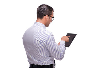 Handsome businessman working with tablet computer isolated on wh