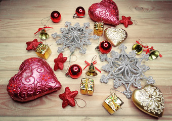 christmas decoration composition on wooden background
