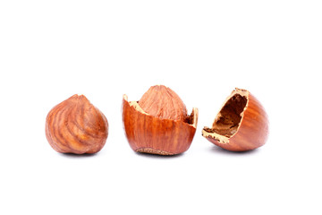 Group healty hazelnuts isolated on white background
