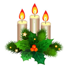 Christmas candles with fir branches and holly berries. Vector