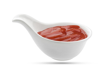 Ketchup in bowl isolated on white background. Portion of tomato sauce. With clipping path.