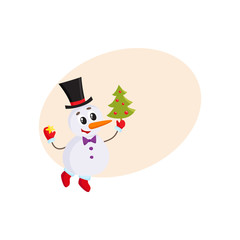 Cute and funny little snowman decorating a Christmas tree, cartoon vector illustration with background for text. Funny snowman in cylinder hat with an Xmas tree, holiday season decoration element