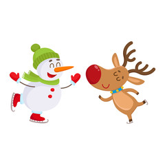 funny reindeer and snowman skating on ice, cartoon vector illustration isolated on white background. Deer and snowman, Christmas attributes, decoration elements