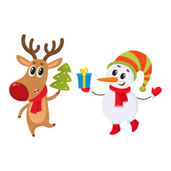 funny reindeer holding a Christmas tree and a snowman holding a gift box, cartoon vector illustration isolated on white background. Deer and snowman, Christmas attributes, decoration elements