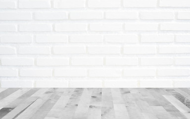 White brick wall background with perspective light wood, slightl