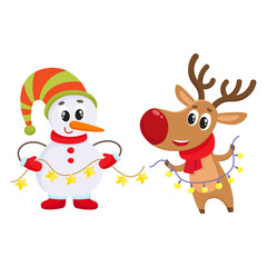 funny reindeer and snowman holding public electronic garlands with light bulbs, cartoon vector illustration isolated on white background. Deer and snowman, Christmas attributes, decoration elements