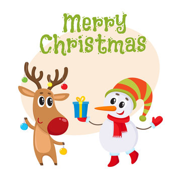 Merry Christmas greeting card template with funny deer holds Christmas toys and snowman gift box, cartoon vector illustration isolated. Christmas poster, banner, postcard, greeting card design
