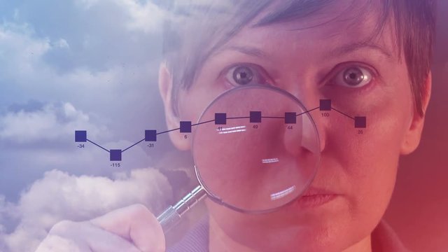 Predicting business results by infographics data analysis with businesswoman using magnifying glass to analyze company performance results and statistical information charts and diagrams