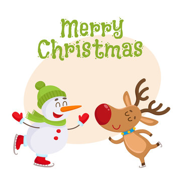 Merry Christmas greeting card template with funny reindeer and snowman skating, cartoon vector illustration isolated on white background. Christmas poster, banner, postcard, greeting card design