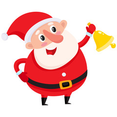 Cute and funny Santa Claus ringing golden Christmas bell, cartoon vector illustration isolated on white background. Santa Claus ringing a bell, Christmas attribute, holiday season decoration element