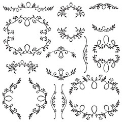 Set of hand drawn frames with vignette, branches  leaves, berries.