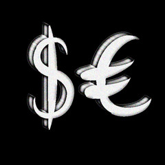 White volume set of main currency signs. Signs of dollar and euro on black background. Vector illustration