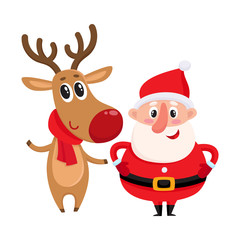 Funny Santa Claus and reindeer in red scarf standing together, cartoon vector illustration isolated on white background. Santa Claus and deer, Christmas attributes, holiday decoration elements