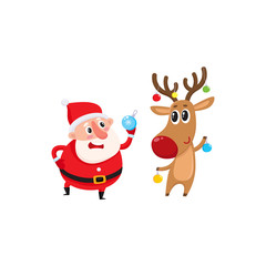 Fototapeta na wymiar funny Santa and funny reindeer holding Christmas balls, cartoon vector illustration isolated on white background. Santa Claus and deer, Christmas attributes, holiday decoration elements