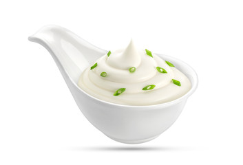 Bowl of sour cream and onion isolated on white