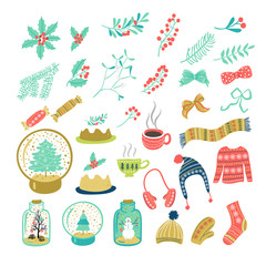 Christmas set. Vector winter holidays mistletoe, gift, pie, sweater, sweets, ribbon elements.