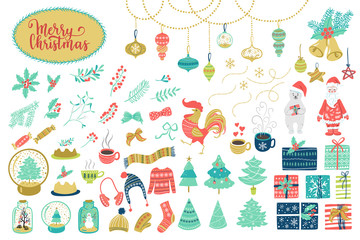 Big Christmas set. Vector winter holidays santa, tree, bear, mistletoe, snowman, gift, pie, sweater, garland elements.