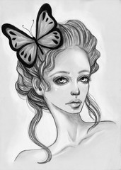 Portrait of beautiful girl with a butterfly in her hair. Hand-drawn black and white fashion illustration