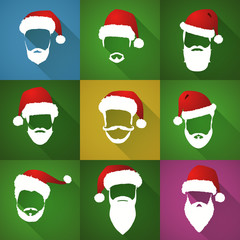 Santa Claus. Hats and beards. Icons collection.