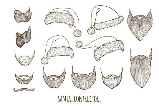 Stylish Santa. Constructor. Hats and beards. Set of vector hand-drawn illustrations.