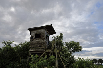 Hochsitz auf einer Wiese bei Sonnenschein und weissen Wolken