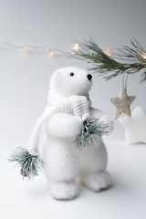 Obraz premium Polar bear winter, christmas decorations on white background