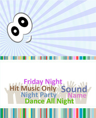 Vertical music party background with colorful graphic elements and text.
