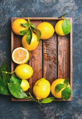 Freshly picked lemons with leaves in wooden tray over dark blue shabby plywood background, top view, copy space, vertical composition