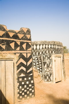 Geometric design on mud brick dwellings in Tiebele, Burkina Faso, West Africa