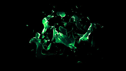Isolated transparent green water splash on black background. 3d