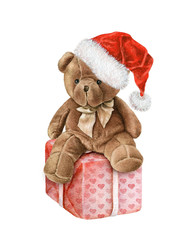 Obraz premium Cute Watercolor Teddy Bear in christmas hat 